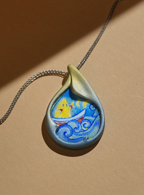「掷月巡礼」原创手绘高温真珐琅星星人项链 纯银定制艺术吊坠 礼