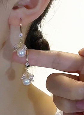 气质设计感树叶珍珠耳环高级耳饰