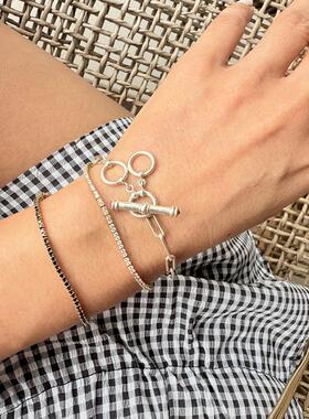 YI COLLECTION 珠宝 925纯银 粉碧玺T字套索 简约手链