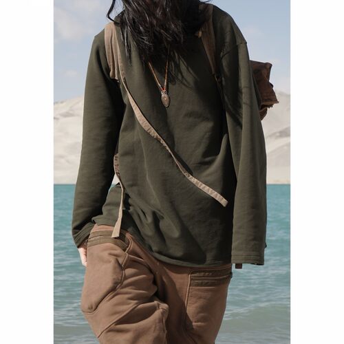 HUNTINGOLD加绒厚圆领长袖秋冬纯色打底衫宽松日系休闲卫衣1533 - 图0