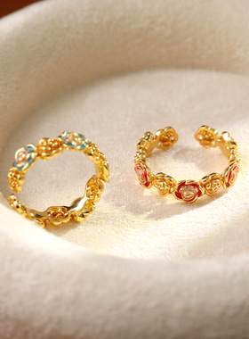 新中式古法沙金电镀红梅花开口戒