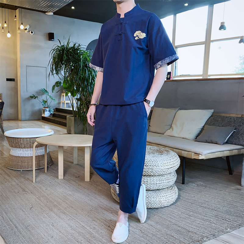 贝捷铭旗舰店夏季中国风汉服男中山装国潮套装民族风青年潮流T恤唐装两件套1