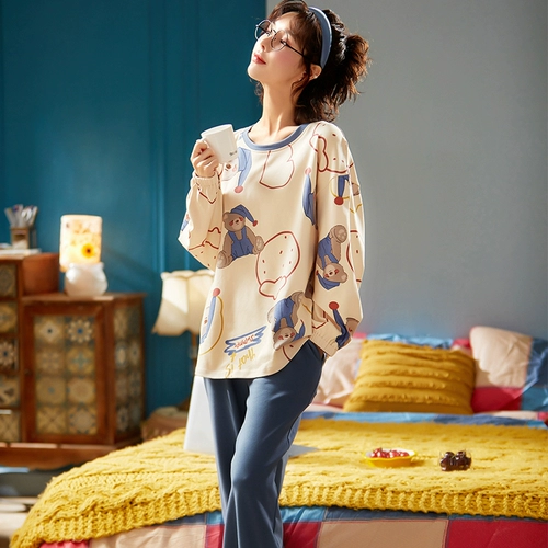 Осенняя хлопковая пижама, тонкий хлопковый лонгслив, летний комплект, большой размер, 2024 года
