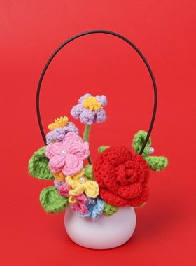 成品手工钩织玫瑰小花篮盆栽七夕情人节毕业季教师节礼物直播摆摊