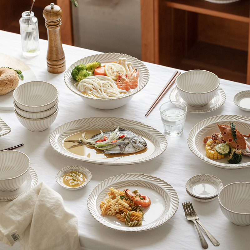 日式一人食套装深盘子菜盘家用陶瓷ins风鱼盘汤高颜值饭碗碟餐具 - 图0