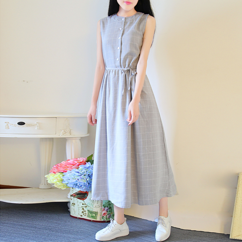 学院风2018夏装新款棉麻格子长裙少女高中初