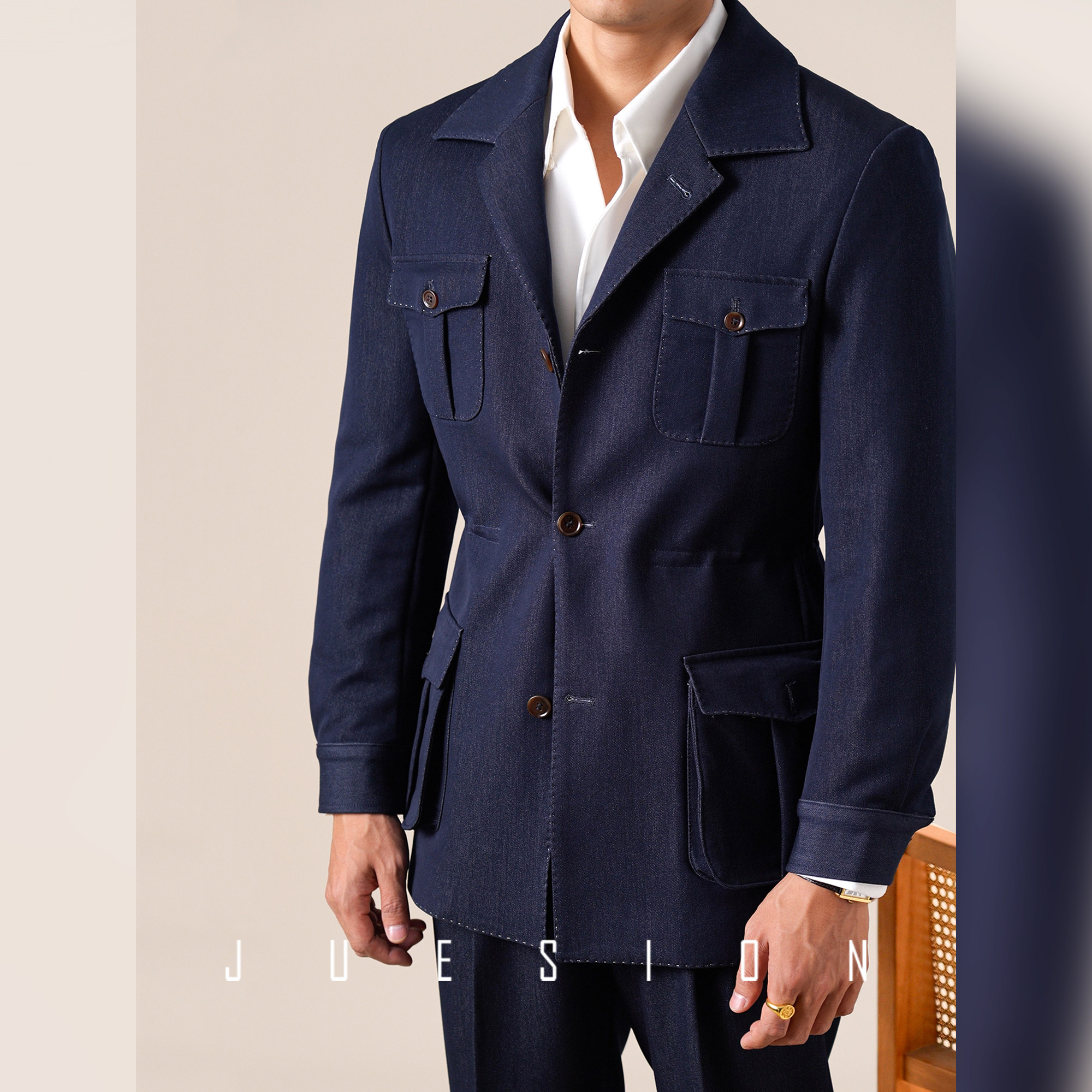 JUESION 意式牛仔夹克外套男秋季经典款修身翻领猎装休闲商务外套,淘宝优惠券,粉丝福利购,淘宝优惠卷