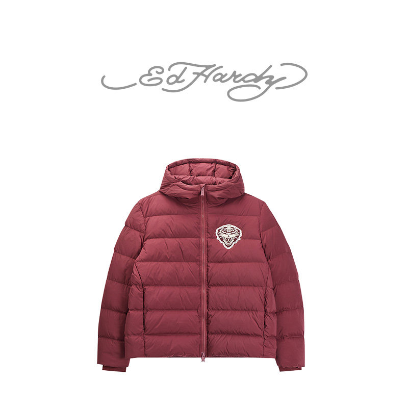 Ed Hardy埃德哈迪冬季新款男士加厚连帽保暖深石榴红羽绒服,淘宝优惠券,粉丝福利购,淘宝优惠卷