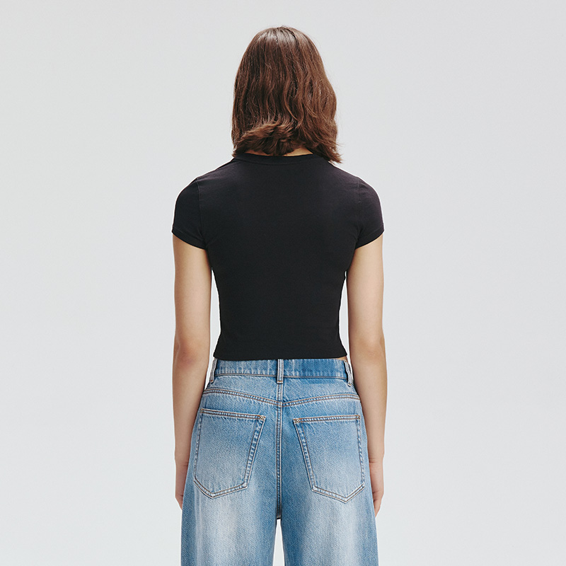 Ed Hardy埃德哈迪2025秋季新款女士黑色针织拔印烫钻紧身短袖T恤 - 图1