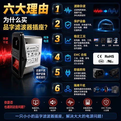 电源滤波器抗干扰220V工业级品字插座开关三合一EMI净化电源热销 - 图0