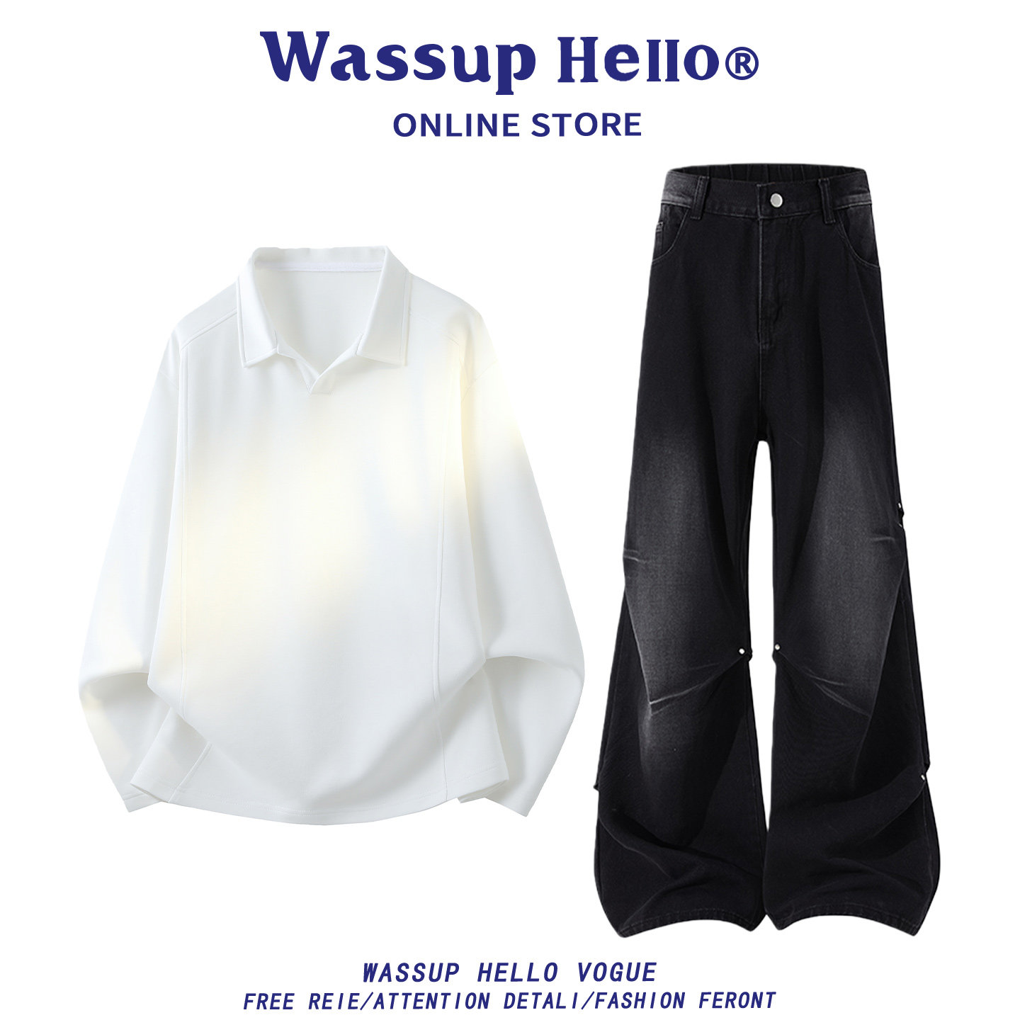 WASSUP HELLO美式风衬衫领卫衣套装男春季宽松休闲运动套装男,淘宝优惠券,粉丝福利购,淘宝优惠卷