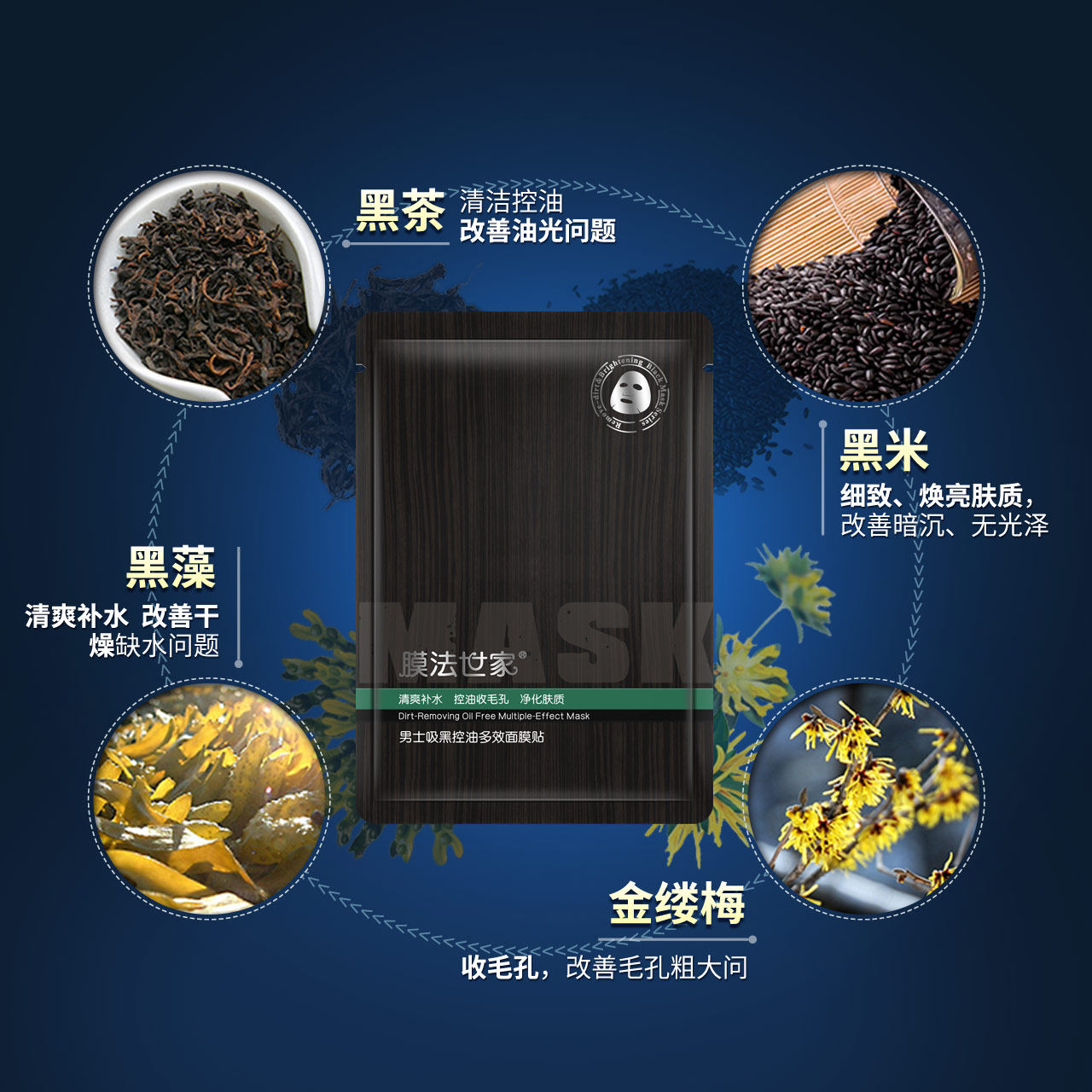 男士吸黑控油多效7片装补水面膜贴 膜法世家悦肌男士面膜