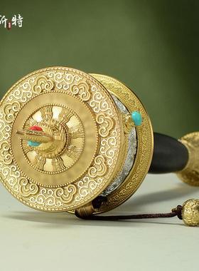 欧斯特铜制手摇转轮彩珠镶嵌手持转筒转动金桶摆件