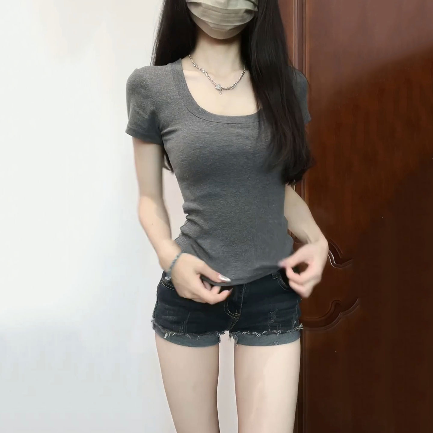 设计感小众纯棉正肩方领短袖t恤女夏季大U领口修身显瘦短款上衣服 - 图0