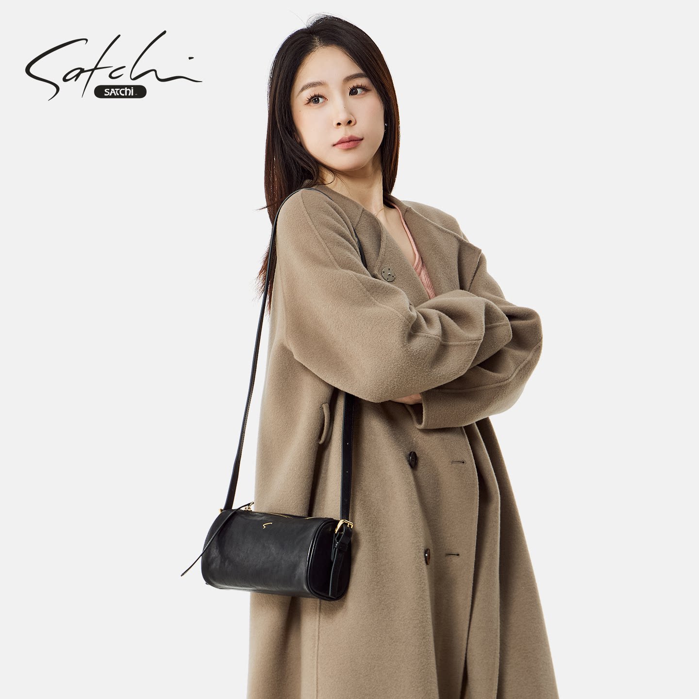 SATCHI/沙驰2025植鞣牛皮笔筒包女设计师真皮通勤小众迷你单肩包