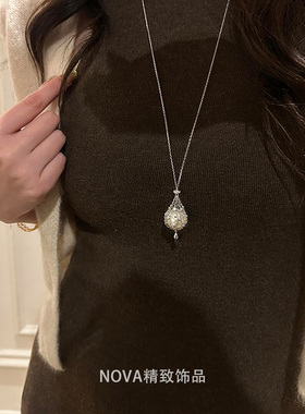 「星梦织网」网兜珍珠闪钻项链银色法式小众时尚百搭捕梦网毛衣链
