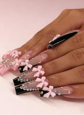 Pink bow wearable nail art, adhesive fake nails蝴蝶结穿戴甲