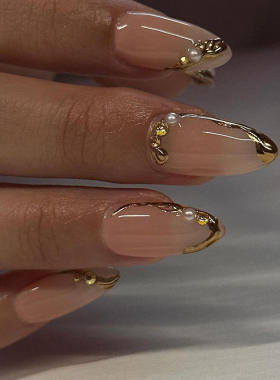 24Pcs French Gold Edge Wearable Almond Press on Fake Nails