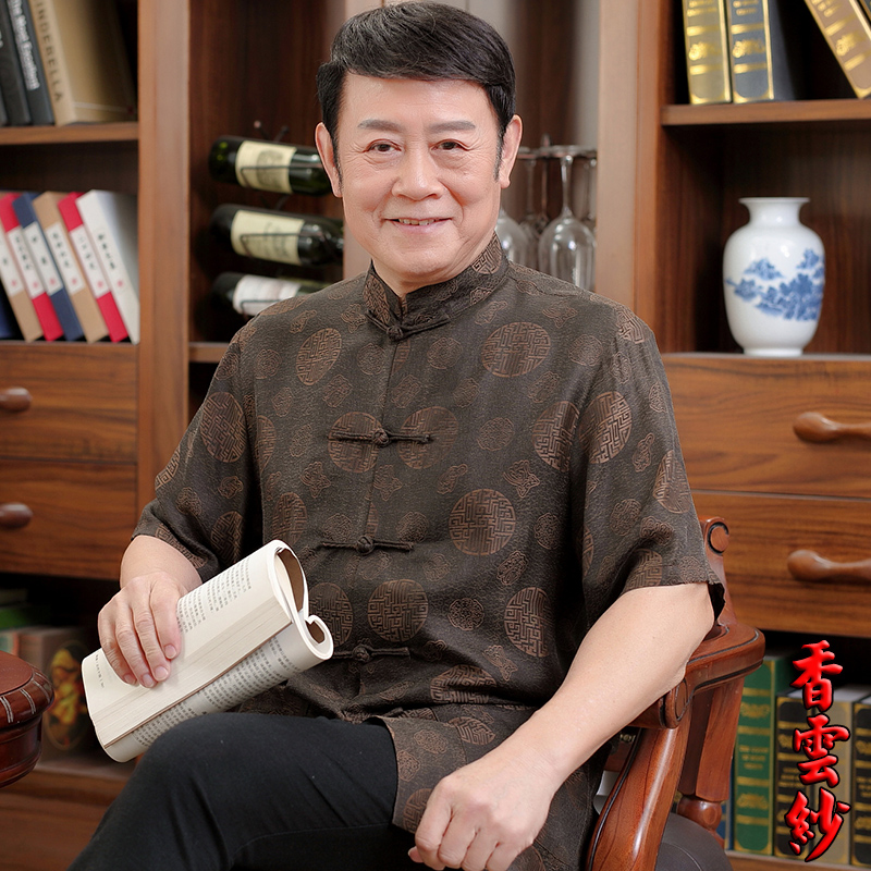 瑞杰夫旗舰店香云纱唐装男士短袖上衣桑蚕丝男中式夏装中老年人加大衬衫爸爸装1