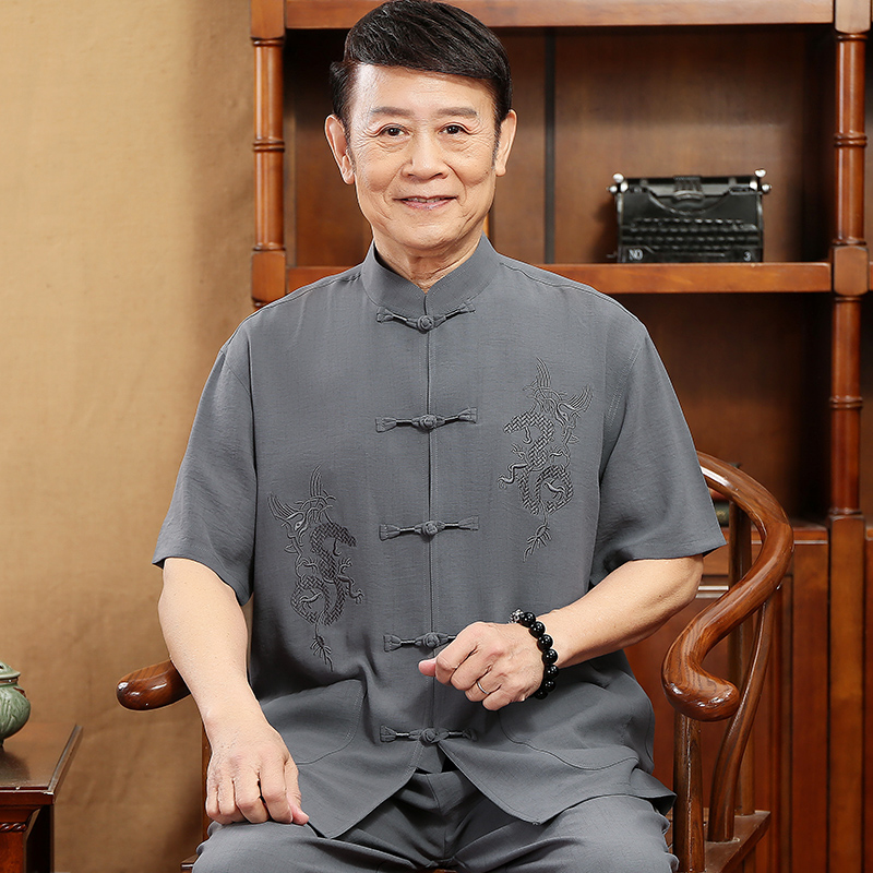 瑞杰夫旗舰店中国风唐装男短袖棉亚麻套装中老年人刺绣居士服中式汉服爸爸夏装1