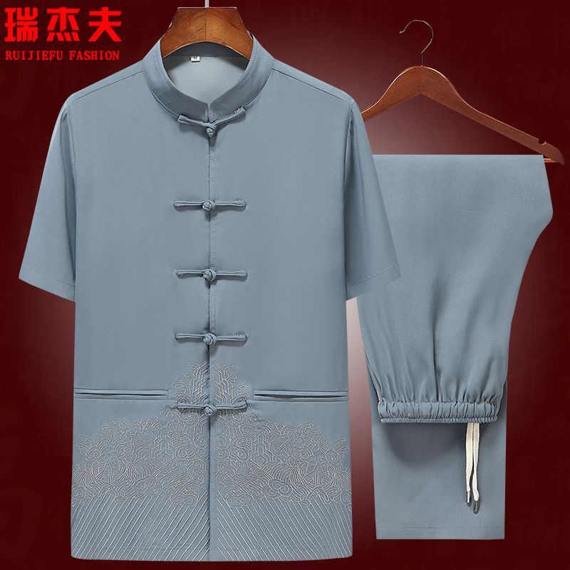 中国风唐装男短袖天丝套装中老年人刺绣居士服中式汉服爸爸夏装