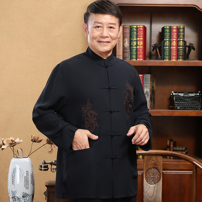 瑞杰夫旗舰店中国风唐装男长袖亚麻套装中老年人刺绣居士服中式汉服春秋爸爸装0