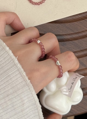 天然草莓晶s925纯银戒指弹力指环