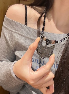 天然银曜石狐狸面具好运毛衣链