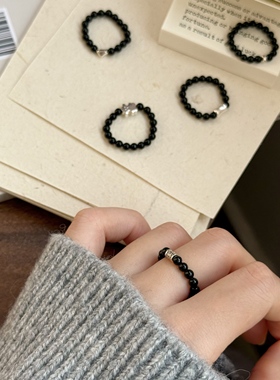 然黑玛瑙s925纯银戒指弹力指环
