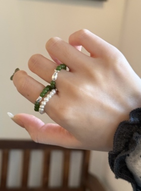 天然和田玉串珠戒指绿色指环礼物