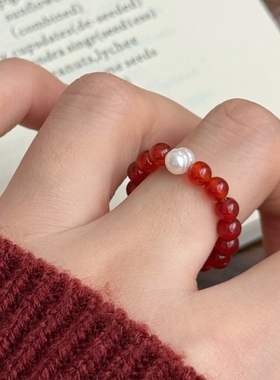 红玛瑙玛瑙s925纯银戒指弹力指环