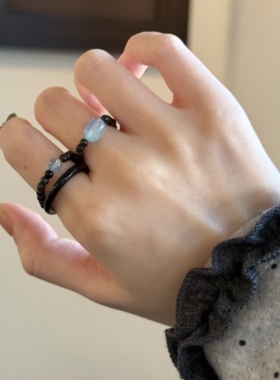 天然黑曜石海蓝宝戒指串珠指圈