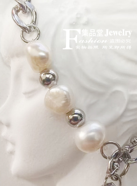 小众设计感天然无核淡水珍珠翡翠元素手链女ins风串珠链条手饰品