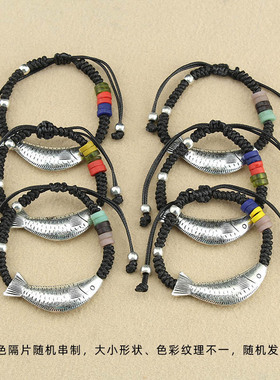 民族风手工编结锦鲤小鱼手链琉璃片复古大气女手串棉麻配饰手饰品