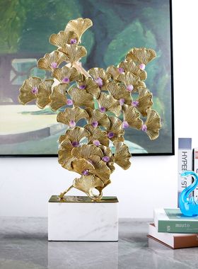 轻奢现代风铜制银杏叶白色大理石摆件玄关酒柜电视柜家居装饰品