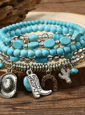 新款西部牛仔手链个性u形仙人掌牛仔帽绿松石串珠弹力手串