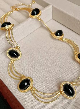 复古宫廷黑色宝石项链夸张气质颈链锁骨链新款中古毛衣链
