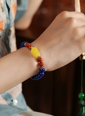 天然青金石手链女夏 diy玉石蜜蜡貔貅串珠水晶珠子多宝手串