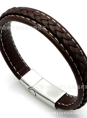 不锈钢磁铁扣皮绳手链 钛钢朋克风编织手链 男女简.约时尚手