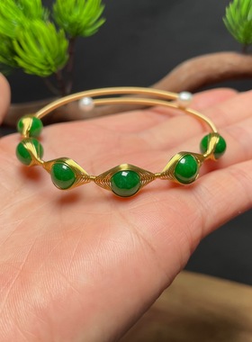 14k绕线手镯 翡翠干青恶魔之眼手镯 圆珠8m m