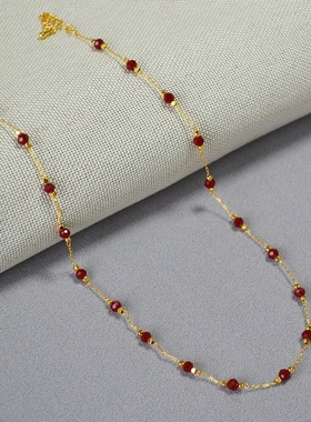 日韩小众简约复古朱砂红色刻面尖晶黄铜镀金时尚气质项链锁骨链女