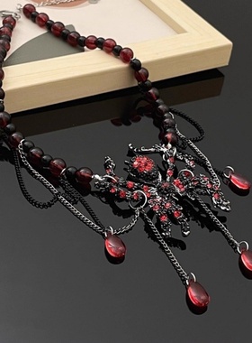 暗红色蜘蛛流苏项链重工y2k辣妹亚文化蜘颈链女甜酷设计感锁骨链