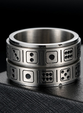 钛钢双圈骰子可转动戒指趣味游戏小道具不锈钢小众个性手饰品
