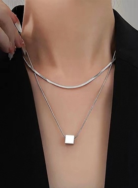 简约百搭双层叠戴方块项链男女轻奢小众设计感时尚冷淡风卫衣链潮
