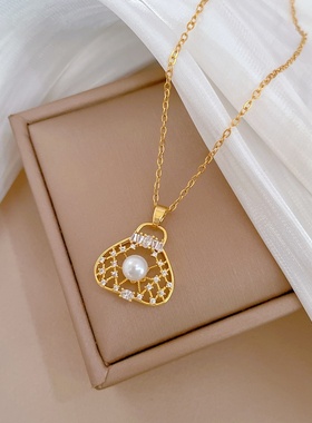 【钛钢】缕空珍珠包包轻奢气质华丽满钻项链女百搭锁骨链钛钢链条