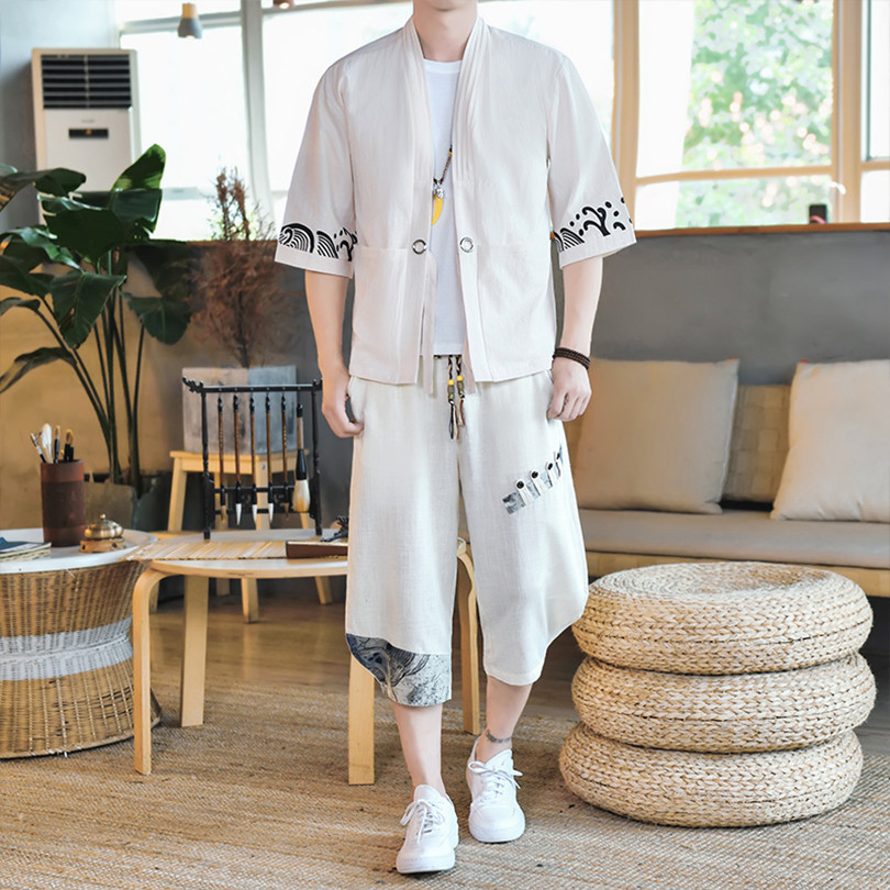 中国风男装夏季套装古风仙气道袍汉服亚麻t恤复古唐装棉麻衣服夏