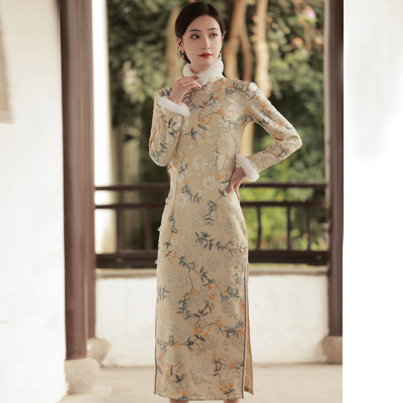 2021年冬季长袖优雅老上海长款旗袍 红舍旗袍