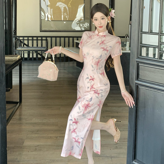 Ежедневно улучшенный молодежный длинный тонкий чонсам с короткими рукавами