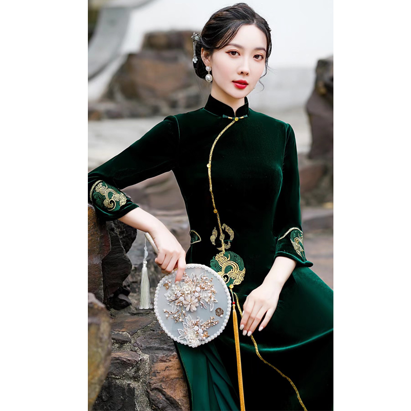 改良奥黛秋季2021年新款中国风旗袍 红舍旗袍