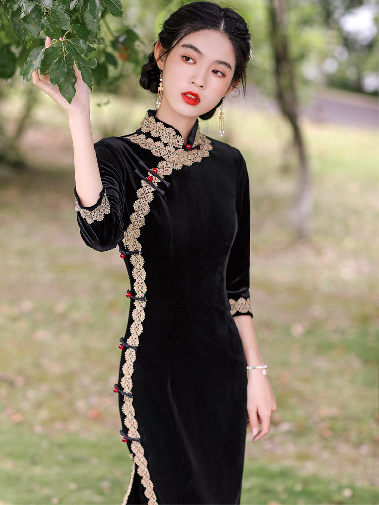 黑色老上海金丝绒旗袍2021年连衣裙 红舍旗袍